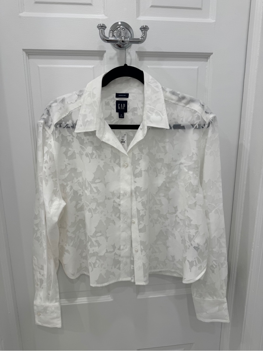 GAP White Sheer Floral Jacquard Button-Down Shirt
